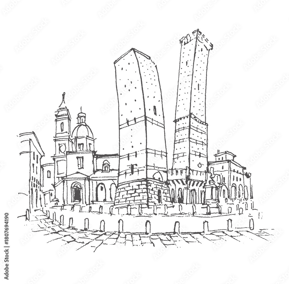 Fototapeta premium Sketch illustration. Travel sketch of the Two Towers in Bologna, Asinelli and Garisenda, Italy. Liner sketches architecture of the street. Freehand drawing. Line art drawing with a pen on paper.