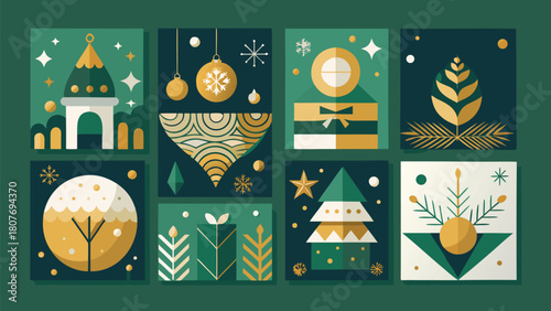 Elegant Christmas banner set showcasing green and gold paint, suitable for enhancing holiday decor..eps