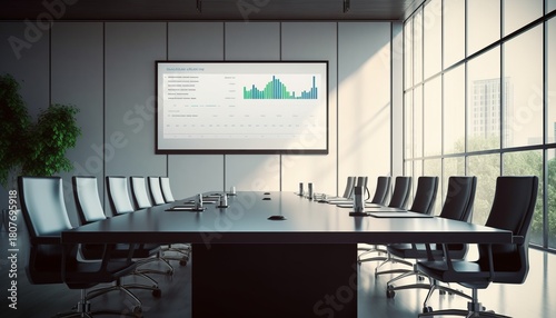 An Elegant and empty meeting boardroom with presentation. A conference table with a big TV screen, representing the idea of teamwork and collaboration in business. corporate business 
