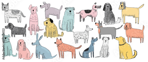 A charming collection of colorful hand-drawn dog illustrations.