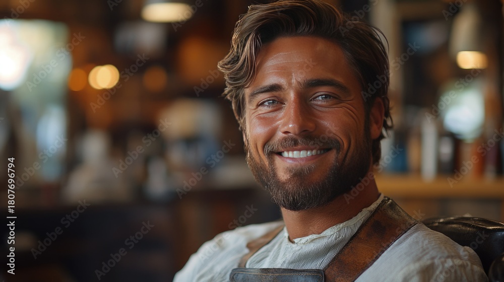 Obraz premium A handsome smiling man with a beard sitting on the chair in the hairdresser barbershop salon gets a new haircut
