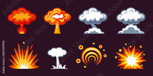 Cartoon explosion effects set bomb burst and smoke clouds