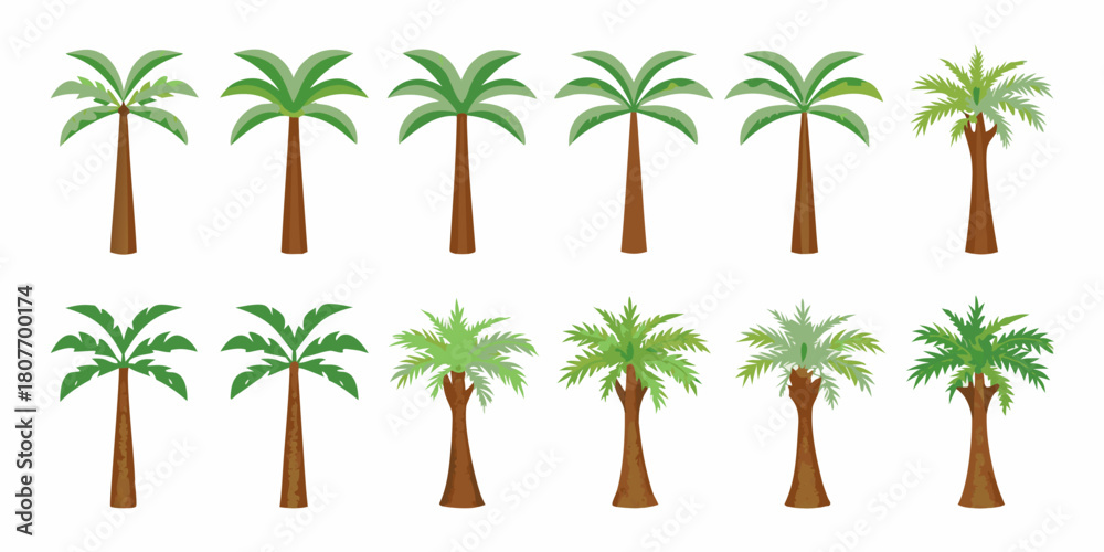 Fototapeta premium Collection of cartoon palm trees with different shapes and styles on white