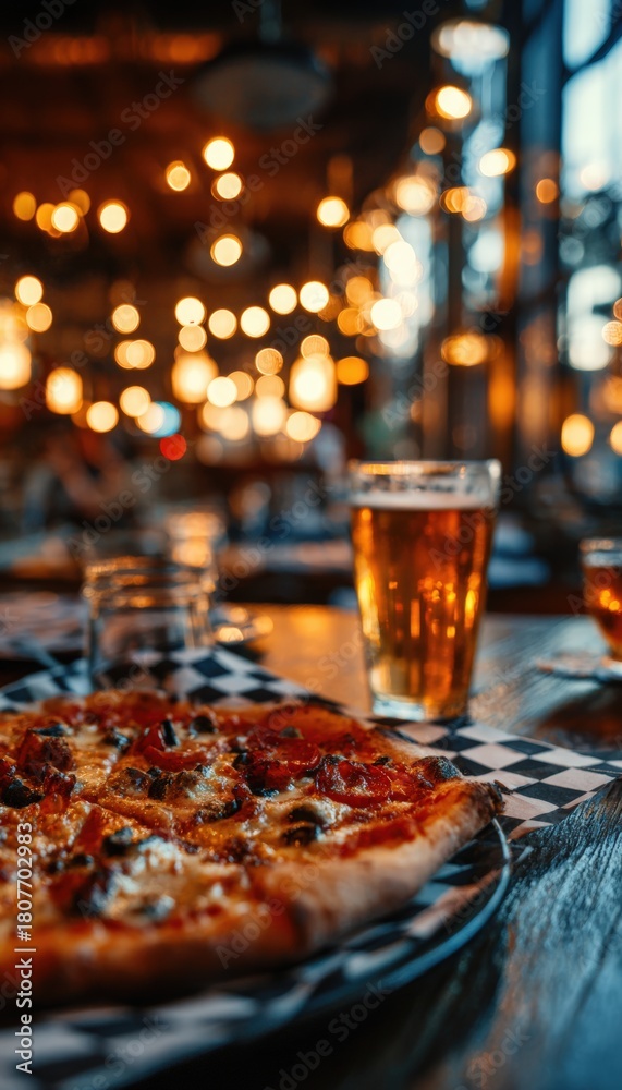 Fototapeta premium Cozy Restaurant Setting with Pizza and Beer, Bokeh Lights in Background