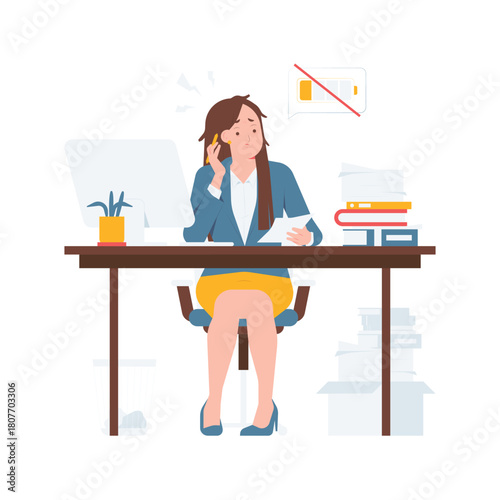 Tired overwhelmed businesswoman experiencing fatigue, exhaustion, stress, and burnout surrounded by piles of office documents paperwork concept illustration