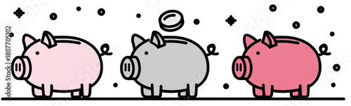 Set of three colorful cartoon piggy banks for saving money concept.