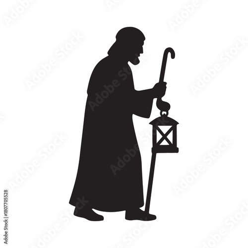 Timeless silhouette illustration of a solitary figure walking with a glowing lantern and a sturdy staff, evoking a sense of ancient journey, spiritual guidance, and enduring wisdom