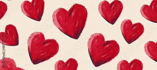 Seamless Pattern of Red Hearts in Soft Brush Style, Romantic Design