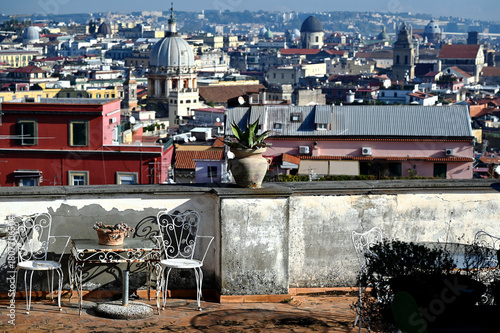 Aerial view of Naples, Italy. roof terrace. rooftops of residential houses and churches. travel and tourism. panoramic view from the hill above the city. cityscape, colorful skyline.