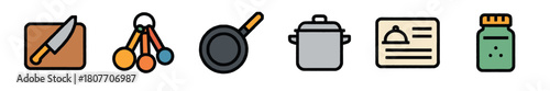 A collection of colorful cooking and kitchen icons including a knife, measuring spoons, pan, pot, recipe card, and spice jar,