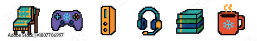 A collection of cozy winter gaming and leisure items including a controller, console, headset, and hot drink, all rendered in a colorful retro pixel art style