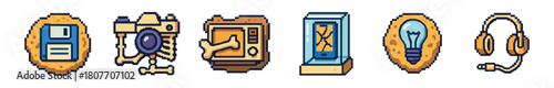 A creative set of retro pixel art icons featuring a bone camera, floppy disk, broken phone, and headphones, representing old and new technology for digital design projects