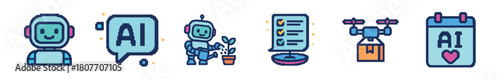 A cheerful set of pixel art icons representing artificial intelligence and modern technology, showcasing a friendly robot, AI chat, drone delivery, and a calendar