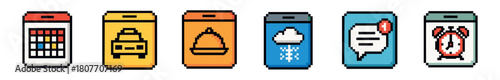 8-Bit Pixel Icons for Mobile Apps and UI – Calendar, Taxi, Construction Helmet, Weather, Chat Message, Alarm