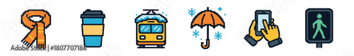 A collection of pixel art icons depicting urban winter elements, including a warm scarf, coffee cup, snowy tram, umbrella, smartphone, and a pedestrian traffic light