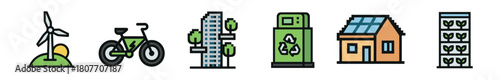 Collection of eco-friendly and green energy pixel art icons featuring renewable power, sustainable transport, and modern urban ecology concepts