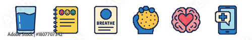 A colorful pixel art icon set representing mental health and self-care concepts like mood tracking, breathing exercises, stress relief, and digital therapy