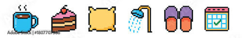 A collection of colorful pixel art icons representing daily routine items like a steaming mug, milkshake, bathtub, shower, slippers, and a planner