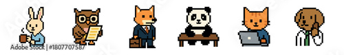 A collection of diverse pixel art animal characters, including a rabbit, owl, fox, panda, cat, and dog, depicted in various professional roles