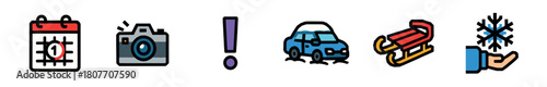 A horizontal row of six colorful outline icons depicting a marked calendar, a camera with flash, an exclamation mark, a snow-covered car, a red sled, and a hand holding a snowflake,
