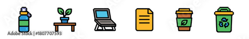 A horizontal row of six colorful flat design icons featuring everyday items including a water bottle, potted plant, laptop, document, coffee cup, and a recycling bin