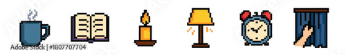 A set of pixel art icons featuring cozy evening items like a hot drink, book, candle, lamp, alarm clock, and window
