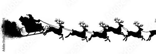 Black silhouette of Santa Claus riding his sleigh pulled by reindeer.