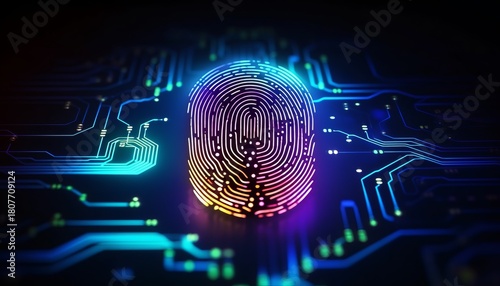 Digital fingerprint scanning verification process. Future security technology against digital cyber crime.