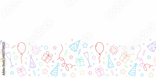 Colorful celebration border with gifts balloons confetti and party hats on white