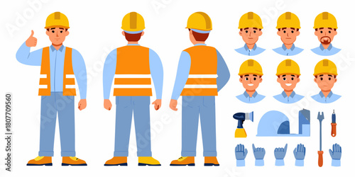 Construction worker character set with tools and different facial expressions