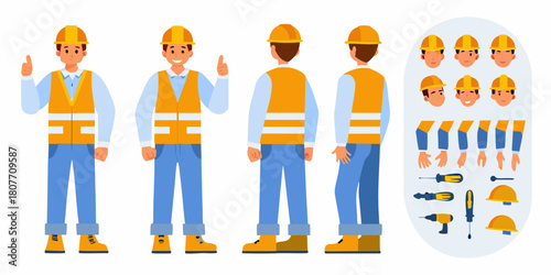 Construction worker character set with tools and different poses
