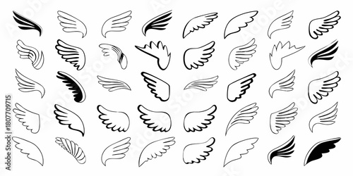 Set of angel wings in different styles hand drawn vector illustration