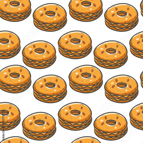 Seamless pattern of buns, bread, pastries, cupcakes. Simple vector design perfect for fabric, packaging.