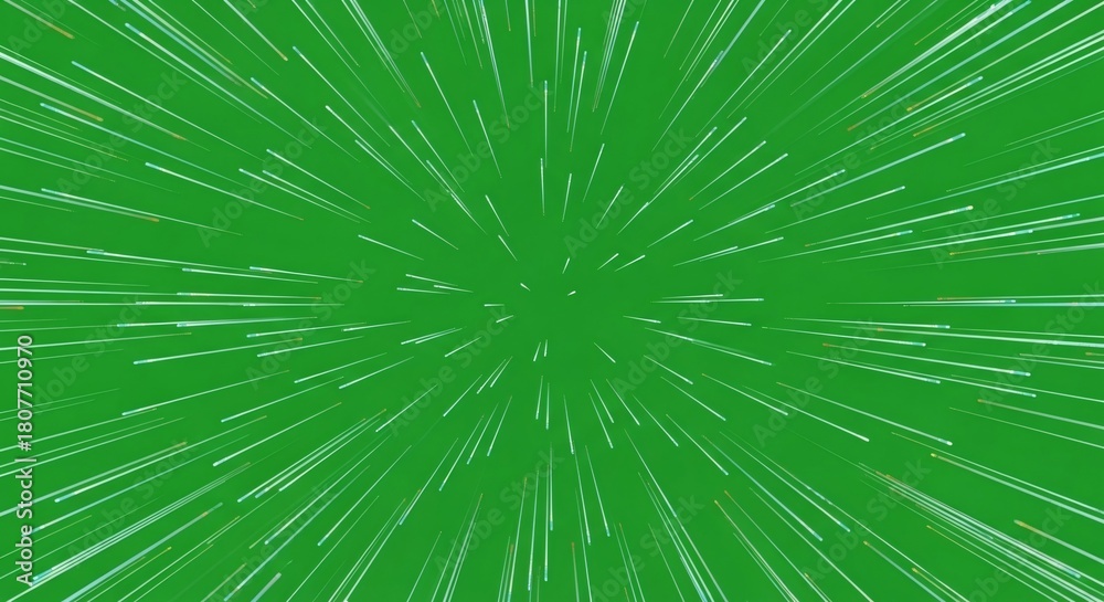 Obraz premium White light lines speed effect on green background. Hyperspace jump visual for virtual production. Warp speed motion graphic element.