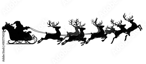 Silhouette of Santa Claus flying in his sleigh with reindeer.