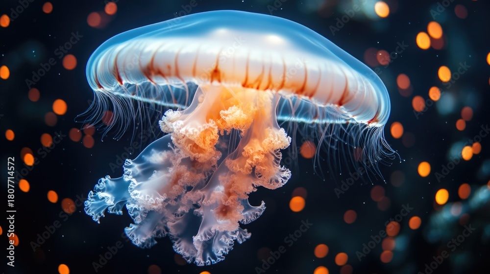 Fototapeta premium A jellyfish floating in the water with bright lights, dark background