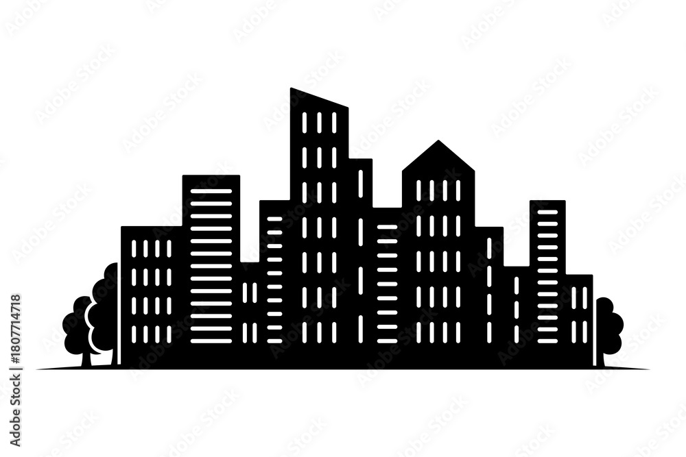 Obraz premium City icon. Houses, buildings. Black silhouette. Horizontal front view. Vector simple flat graphic illustration. Isolated object on a white background.