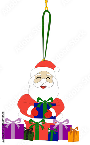 Festive Hanging Santa Ornament
​A cute illustration or clip art of a joyful Santa Claus, wearing his classic red and white outfit. Santa Claus is hanging by a green string as a Christmas ornament