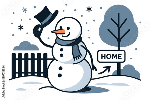 Animated Snowman Greeting. Snowman ? Minimal Yard. Clean fence lines and a single tree; the snowman tips a hat as flakes drift like confetti. A subtle arrow