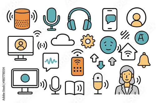 Smart Tech Doodle. Hands-free technology. Hand-drawn doodle illustration smart speaker (colored), microphone (colored), headphones (colored), smartphone