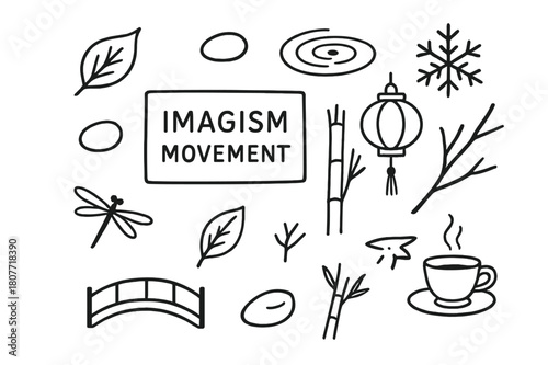 Imagism Doodle Elements. Imagism movement. Hand-drawn doodle illustration Imagism movement short poem card, leaf, pebble, water ripple, lantern, bamboo,