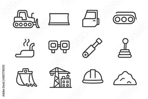 Bulldozer Icon Set. Bulldozer. Line icon set of bulldozer: bulldozer side view, front blade, driver cab, track wheels, exhaust pipe, headlights, hydraulic