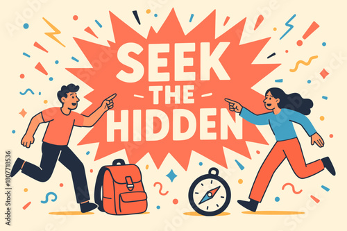 Find the Banner. Seek the hidden banner, flat vector illustration, bold oversized text inside splash explosion, cartoon characters running and pointing,