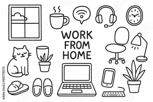 Home Office Doodle. Work from home. Hand-drawn doodle illustration work from home laptop, cat, mug, slippers, window, lamp, headset, chair, notebook, clock,