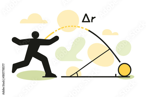 Ball Motion Diagram. Projectile Motion Path. A ball arcs across air while a single vector shows direct displacement between start and landing. ??r? hovers