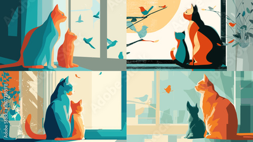 Artistic illustration of cats sitting by a window and watching birds outside, featuring bold colors, peaceful lighting, and a charming scene of curiosity and companionship.