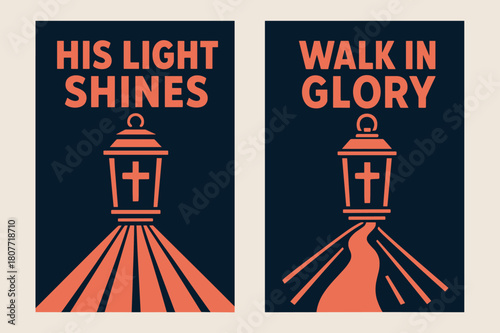 Radiant Faith Banners. Light of the World. Two vertical A6 banners with safe margins, centered composition, no elements touching edges, bold, navy and coral,