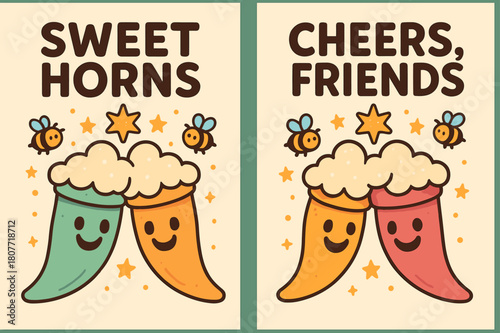 Cheerful Horns Celebration. Feasting Horns. Two vertical A6 banners with safe margins, centered composition, no elements touching edges, cartoon, mint and