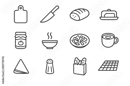 Food Icon Set. Food Moments. Line icon set of Food Moments: cutting board, knife, fresh bread, butter dish, jam jar, steaming bowl, salad plate, latte art,