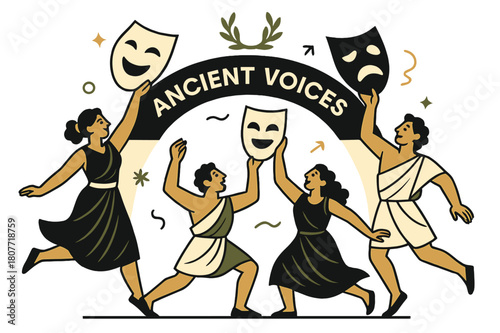 Masks of Myth. Amphitheater ? Masks & Myth. A chorus lifts comedy and tragedy masks; a laurel wreath icon arcs above. Caption ?Ancient Voices? glows along the